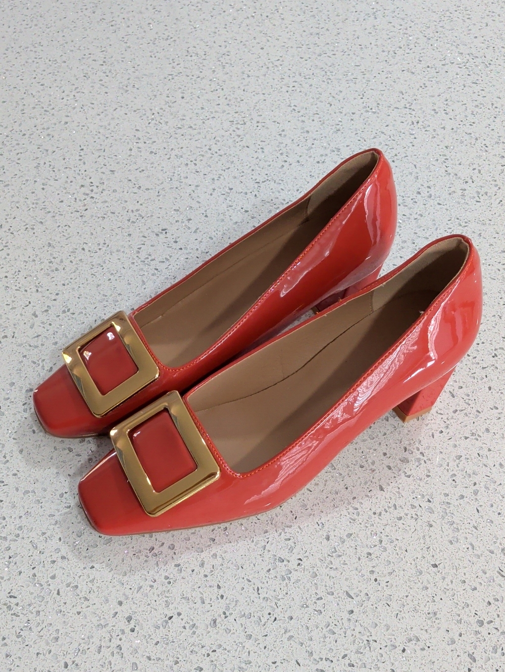 Classic Patent Block Heel Pumps with Gold Buckle - Coral